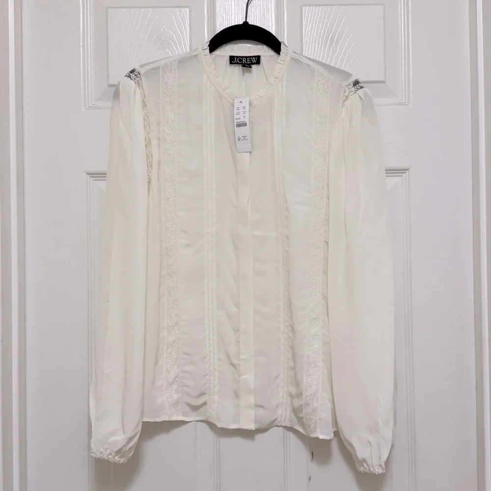 NWT J.Crew Lace Trim Pintuck Top in Crepe de Chine